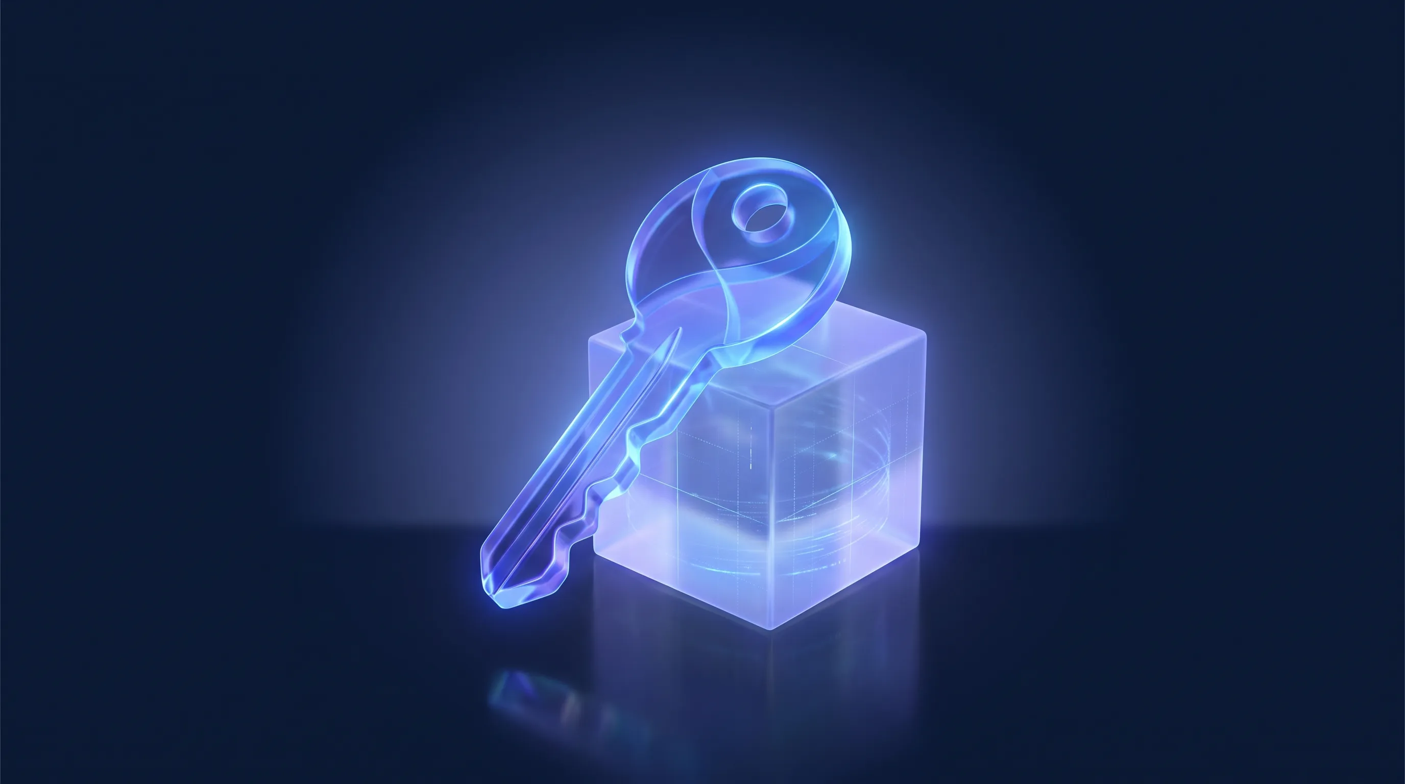 Clé en verre lumineuse posée sur un cube translucide, image de la propriété de son site web