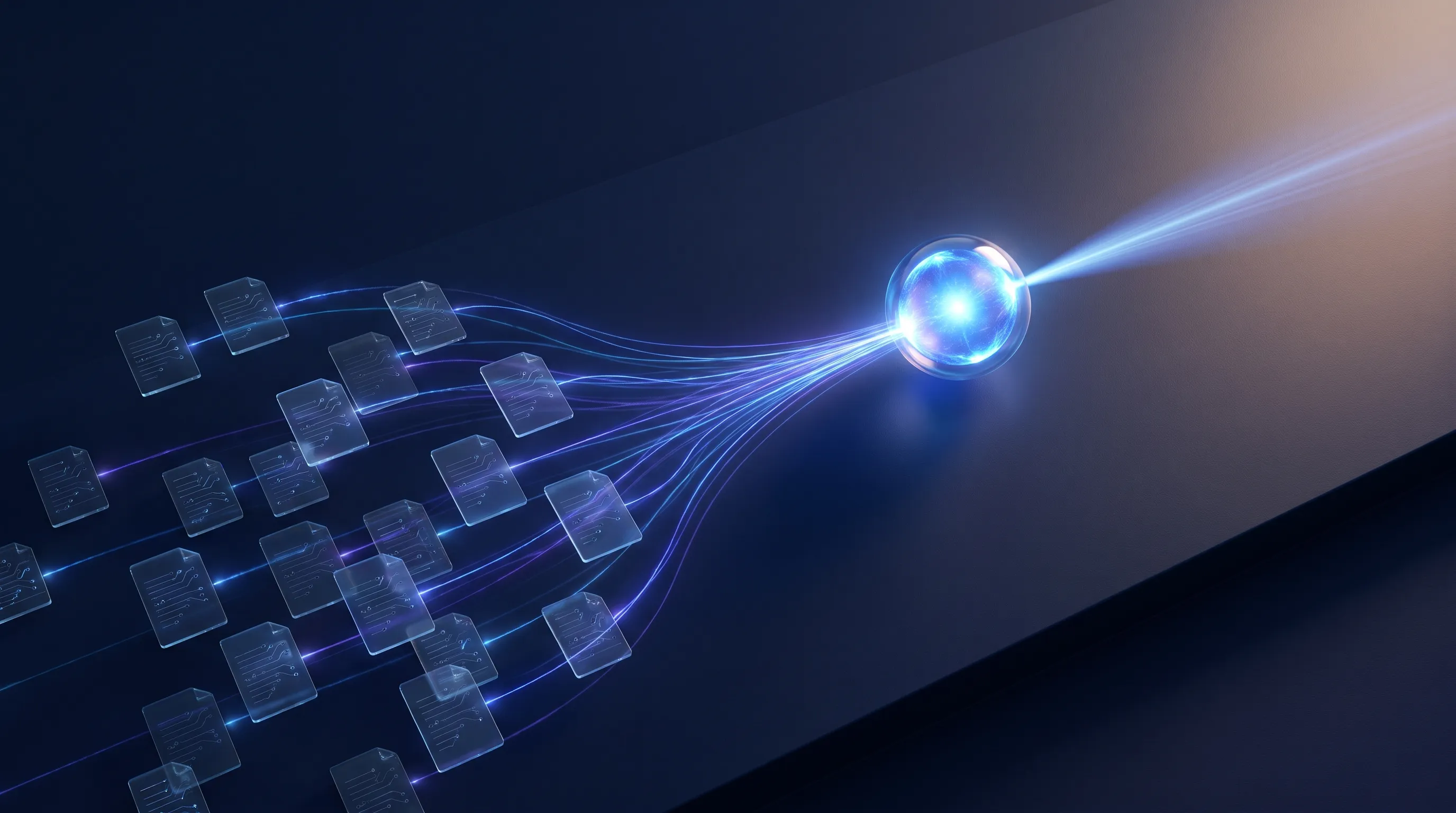 Flux de lumière de multiples sources convergeant vers une seule sphère qui émet une réponse, image d'une IA qui synthétise et cite une source