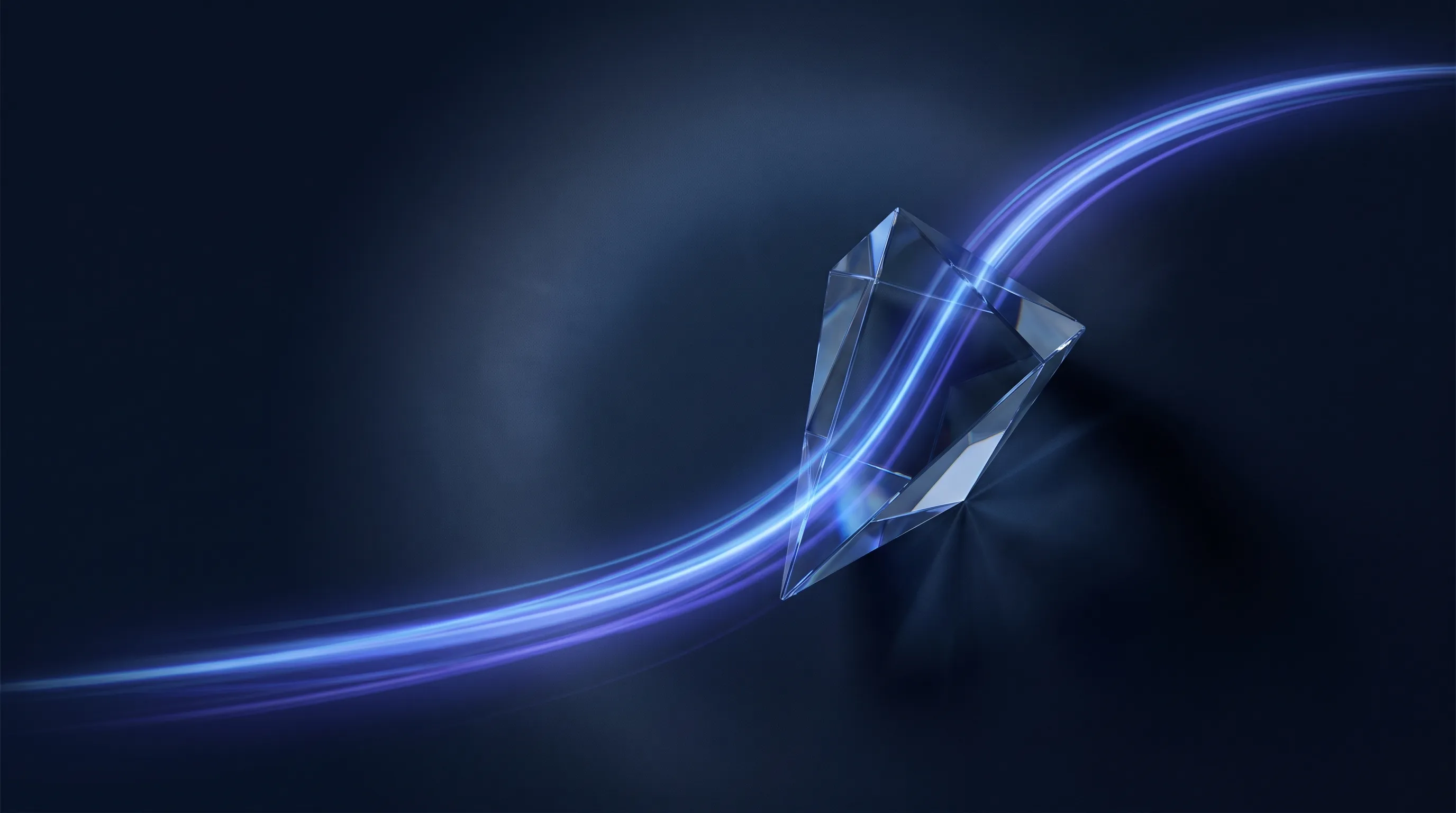 Cristal de verre traversé par une traînée de lumière sur fond bleu nuit, image de vitesse et de précision